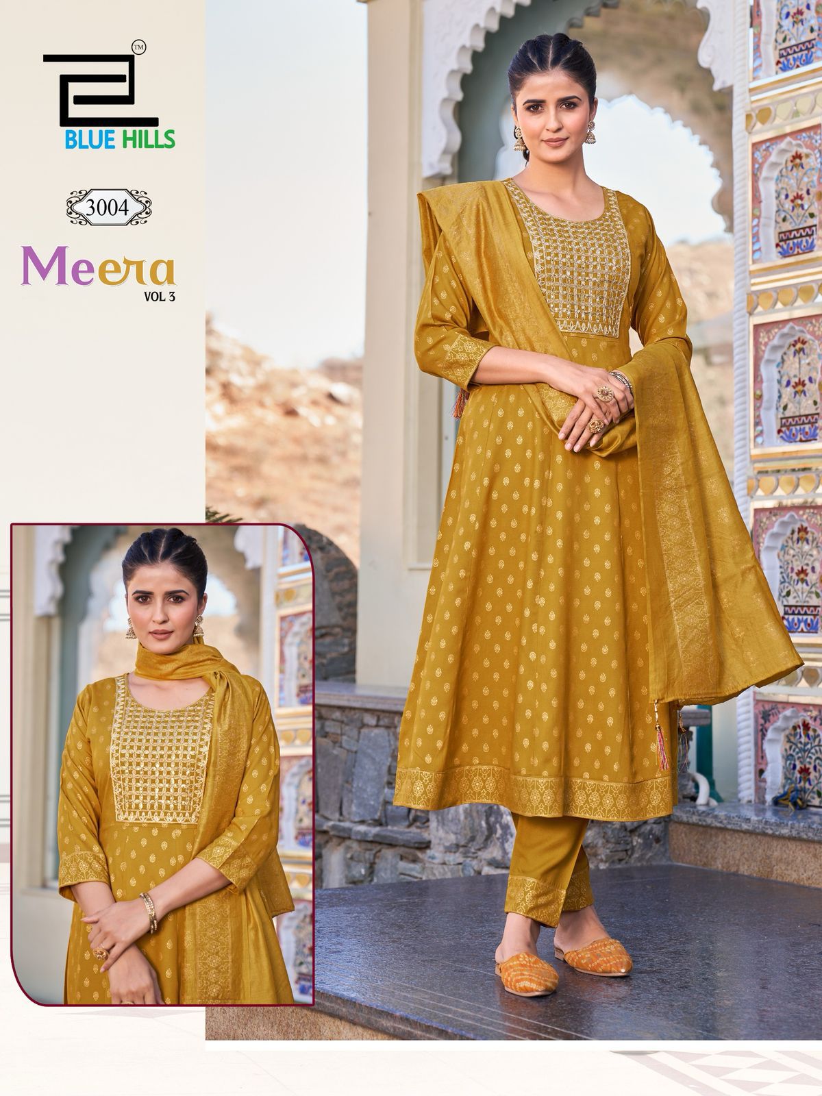 Meera Vol 3 Nx Blue Hills Rayon Foil Readymade Anarkali Suits Supplier