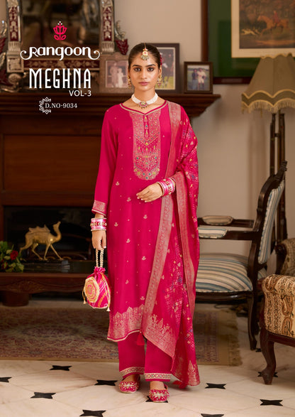 Meghna Vol 3 Rangoon Jacquard Readymade Pant Style Suits Wholesaler India