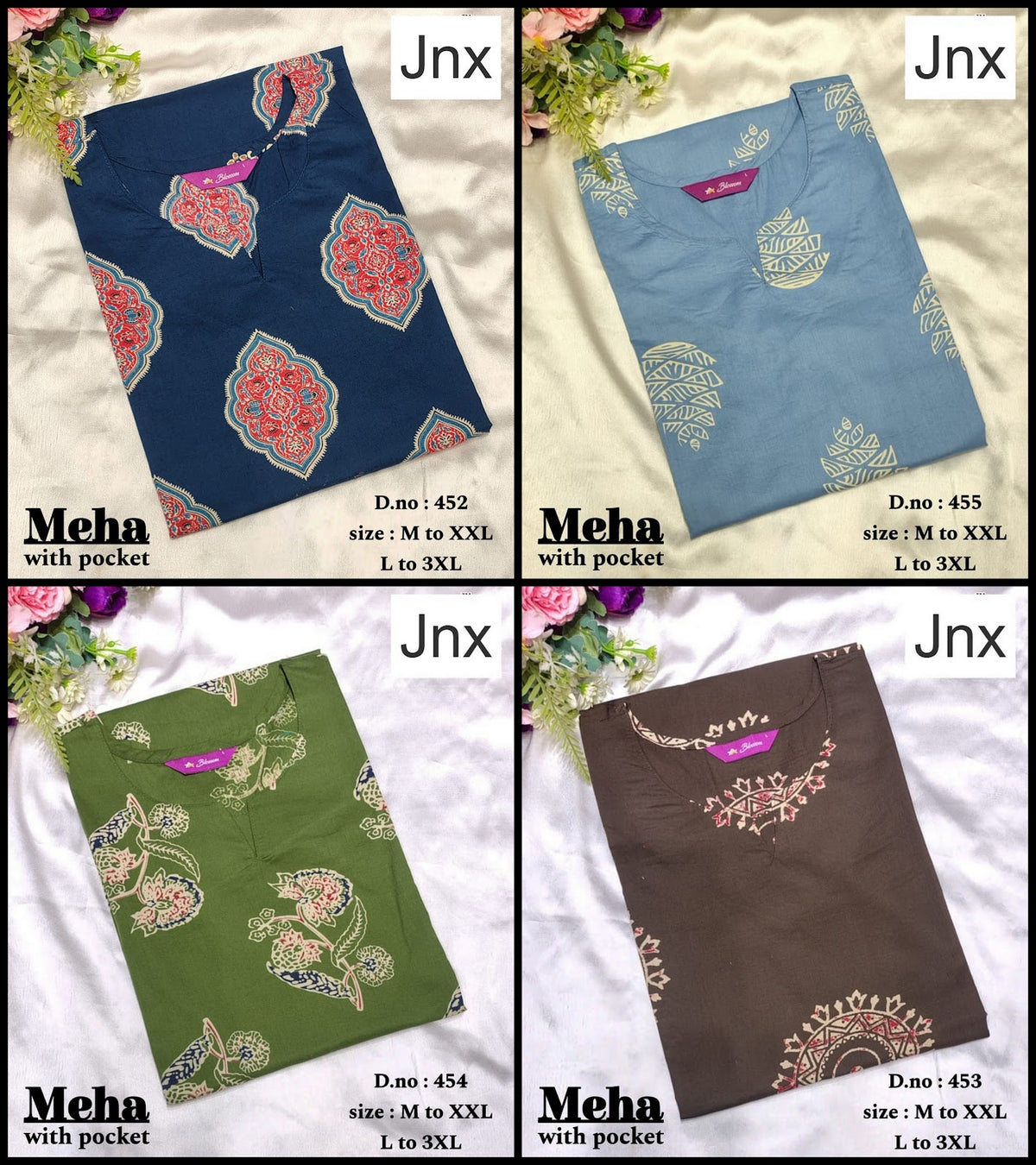Meha Jnx Dhabu Cotton Straight Cut Kurtis Wholesaler Gujarat