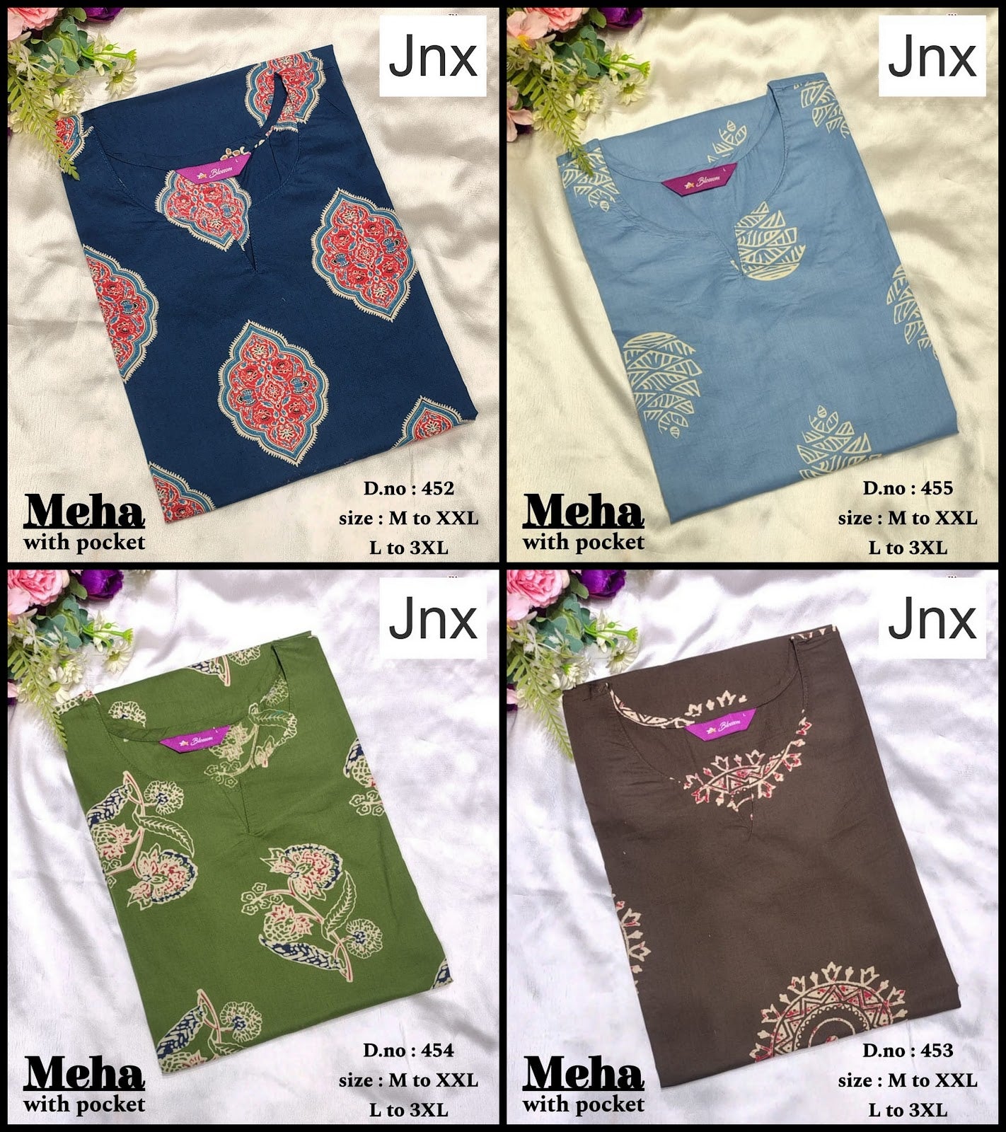 Meha Jnx Dhabu Cotton Straight Cut Kurtis Wholesaler Gujarat
