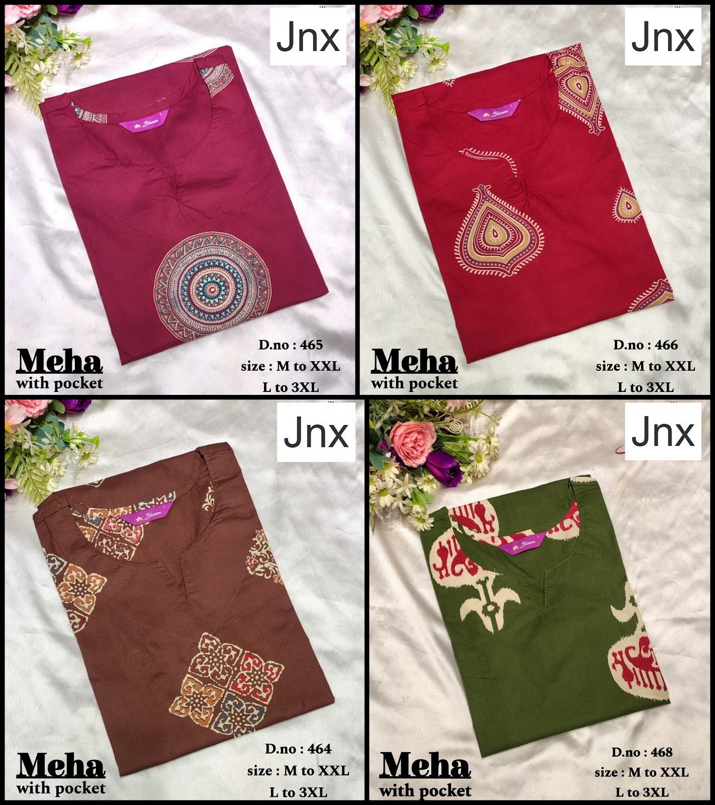 Meha Jnx Dhabu Cotton Straight Cut Kurtis Wholesaler Gujarat