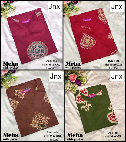 Meha Jnx Dhabu Cotton Straight Cut Kurtis Wholesaler Gujarat
