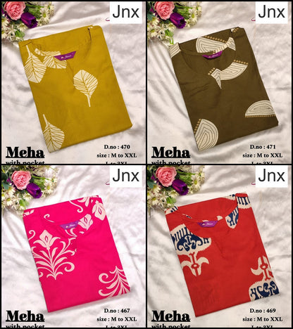 Meha Jnx Dhabu Cotton Straight Cut Kurtis Wholesaler Gujarat