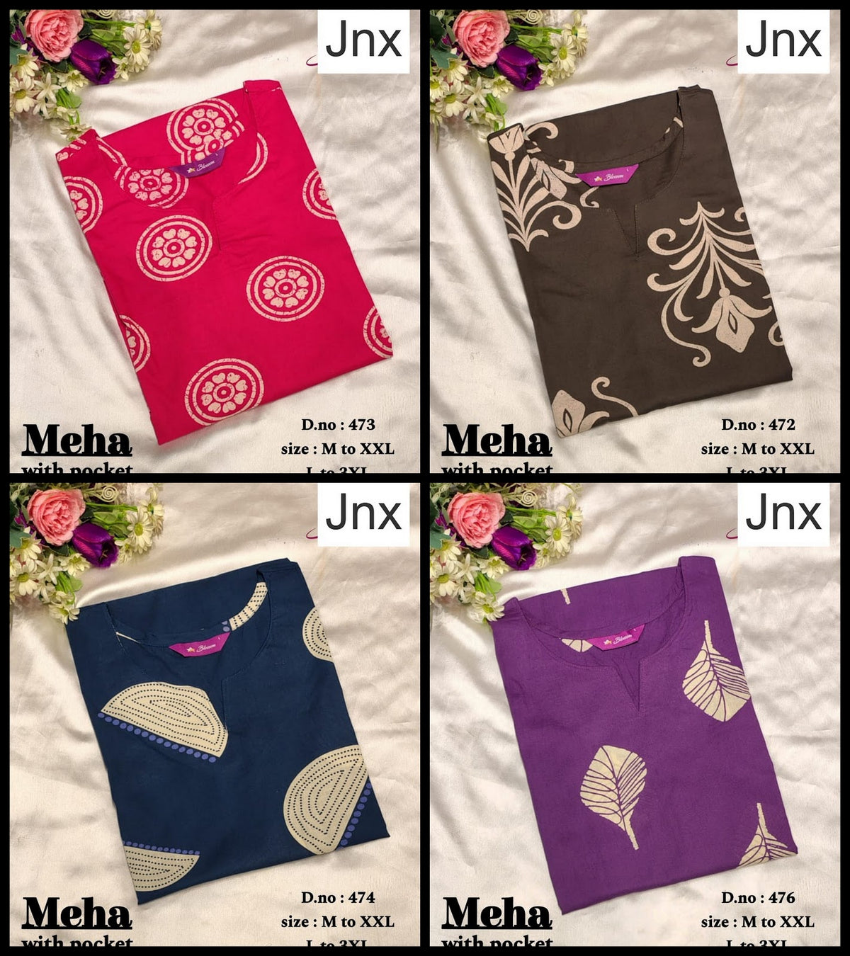 Meha Jnx Dhabu Cotton Straight Cut Kurtis Wholesaler Gujarat