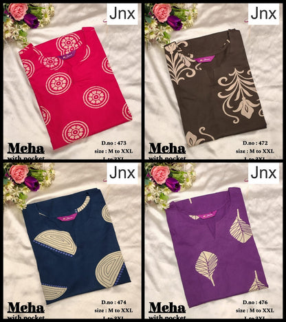 Meha Jnx Dhabu Cotton Straight Cut Kurtis Wholesaler Gujarat