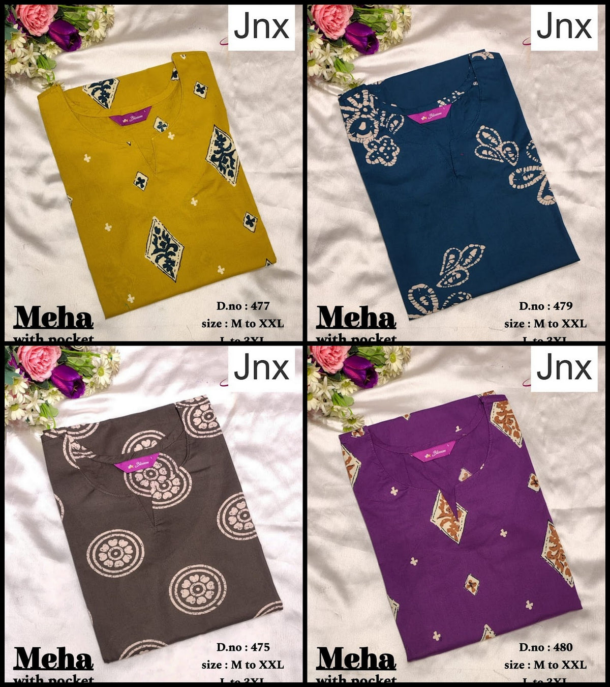 Meha Jnx Dhabu Cotton Straight Cut Kurtis Wholesaler Gujarat