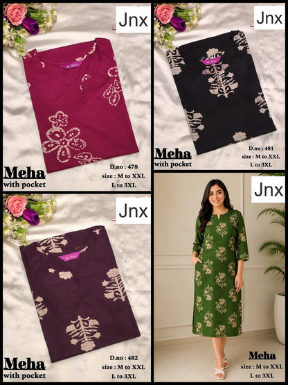 Meha Jnx Dhabu Cotton Straight Cut Kurtis Wholesaler Gujarat