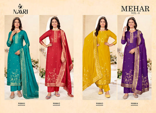 Mehar Vol 8 Naari Muslin Jacquard Pant Style Suits Supplier India
