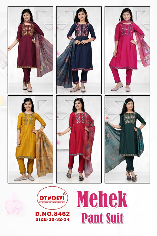 Mehek-8462 Dt Devi Heavy Silk Girls Readymade Pant Suits Supplier Ahmedabad