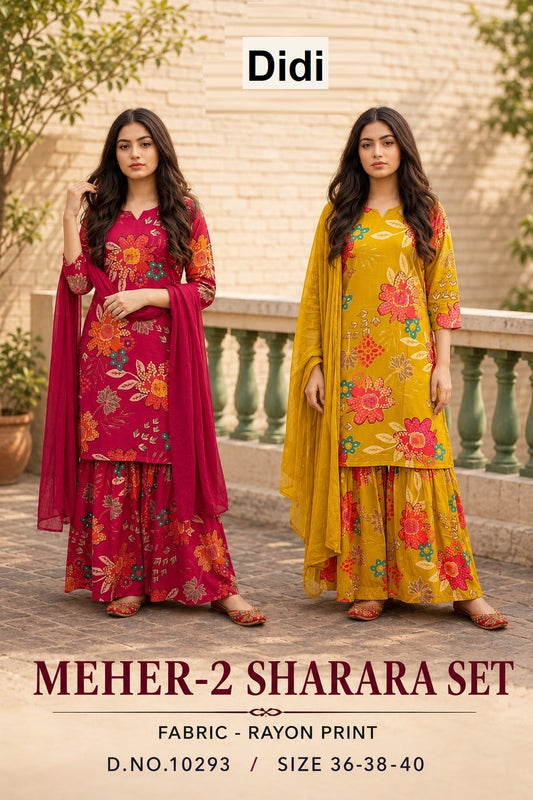Meher 2 Dn 10293 Didi Rayon Print Readymade Girls Sharara Suits Exporter Ahmedabad