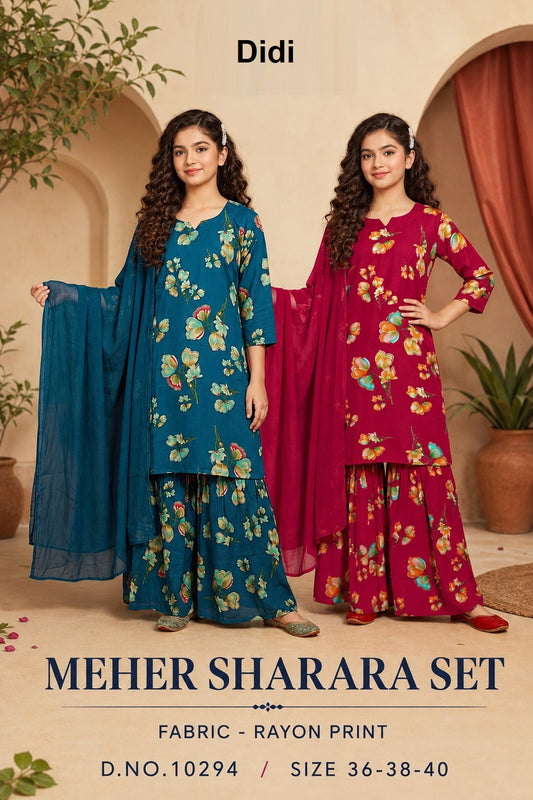 Meher Dn 10294 Didi Rayon Print Readymade Girls Sharara Suits Manufacturer Gujarat