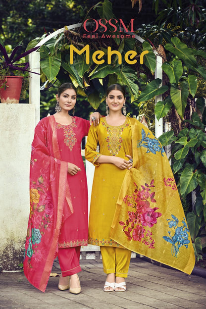 Meher Ossm Roman Silk Readymade Pant Style Suits Supplier India