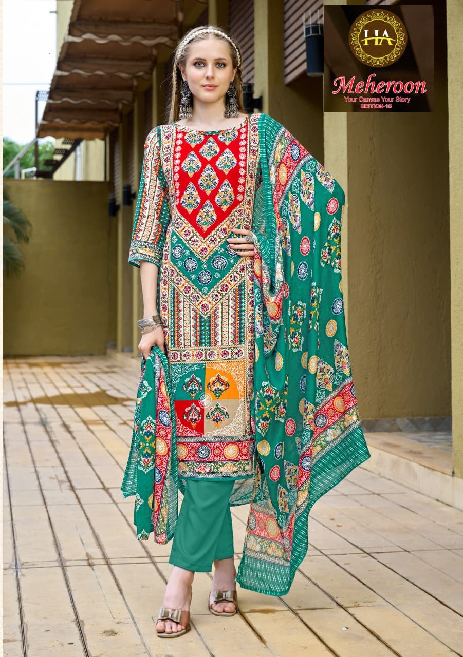 Meheroon Edition 15 Harshit Fashion Pure Viscose Karachi Salwar Suits Wholesaler
