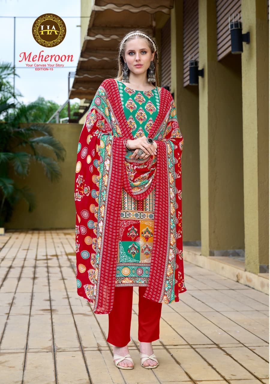 Meheroon Edition 15 Harshit Fashion Pure Viscose Karachi Salwar Suits Wholesaler