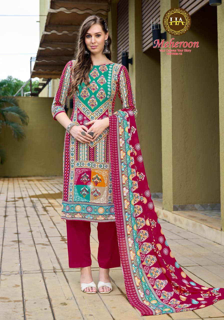 Meheroon Edition 15 Harshit Fashion Pure Viscose Karachi Salwar Suits Wholesaler