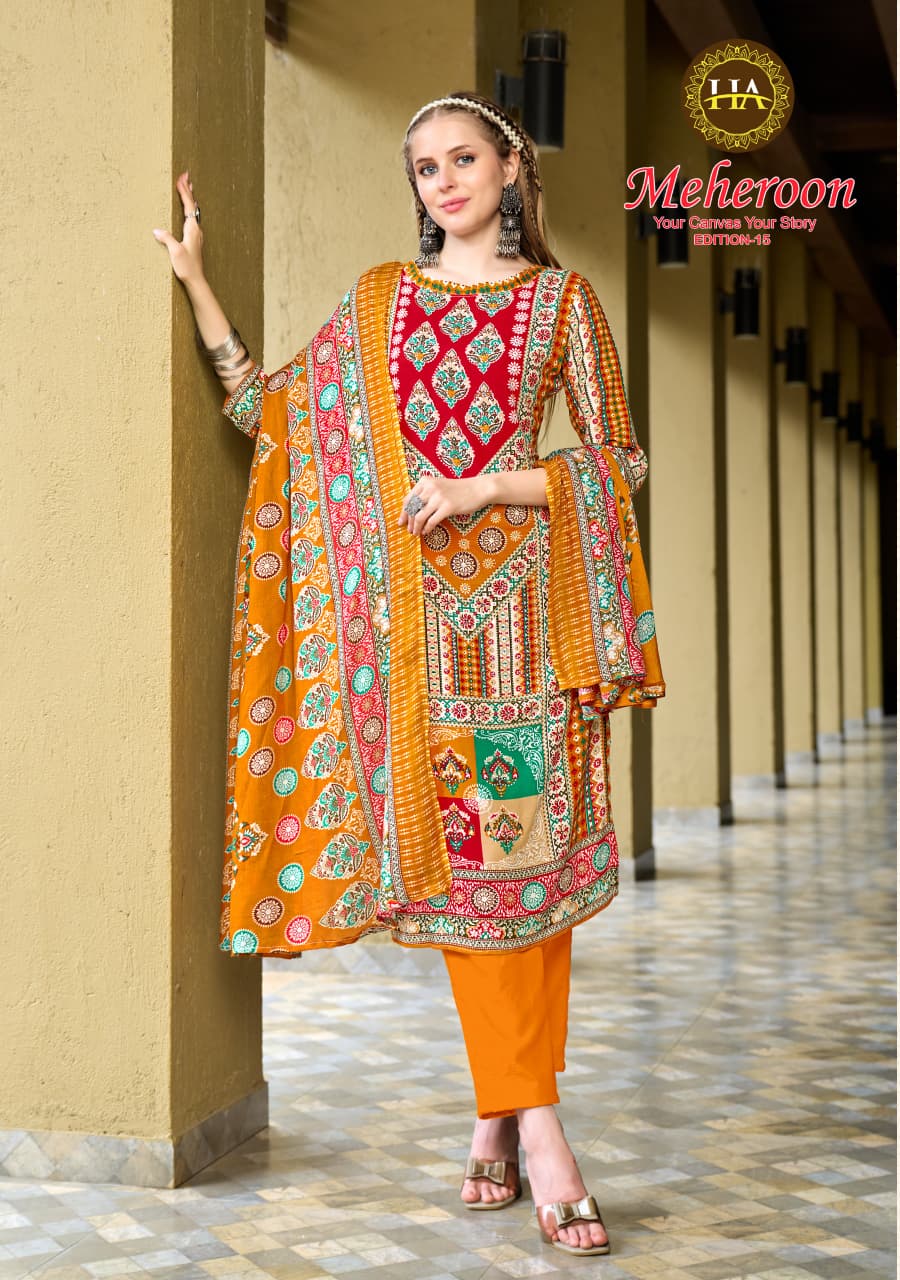 Meheroon Edition 15 Harshit Fashion Pure Viscose Karachi Salwar Suits Wholesaler