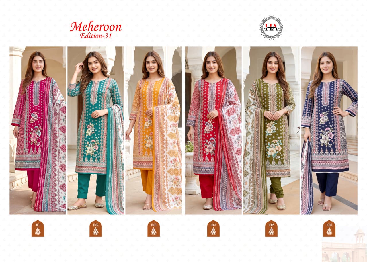 Meheroon Edition 31 Harshit Fashion Viscose Reyon Karachi Salwar Suits Manufacturer Ahmedabad