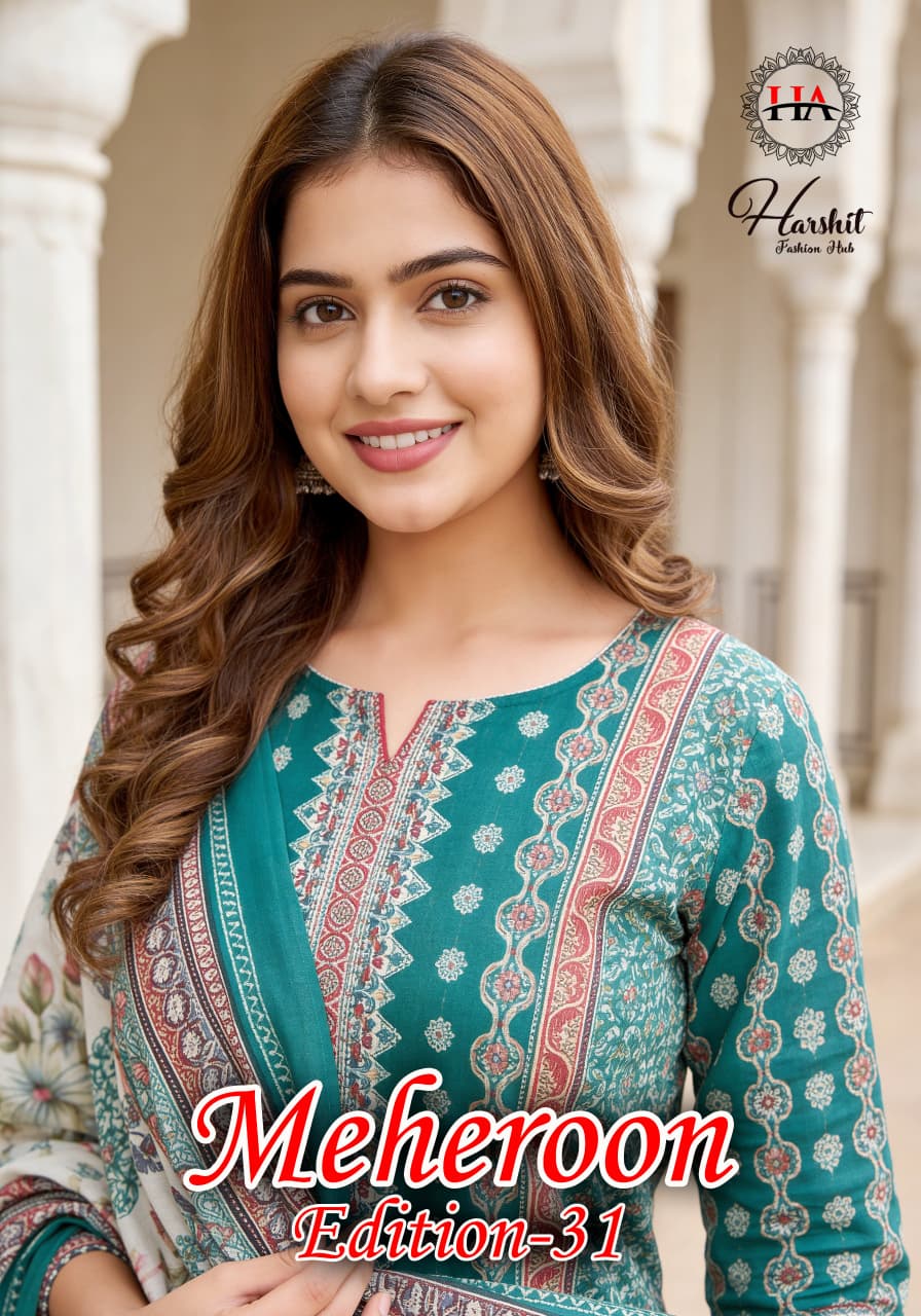 Meheroon Edition 31 Harshit Fashion Viscose Reyon Karachi Salwar Suits Manufacturer Ahmedabad