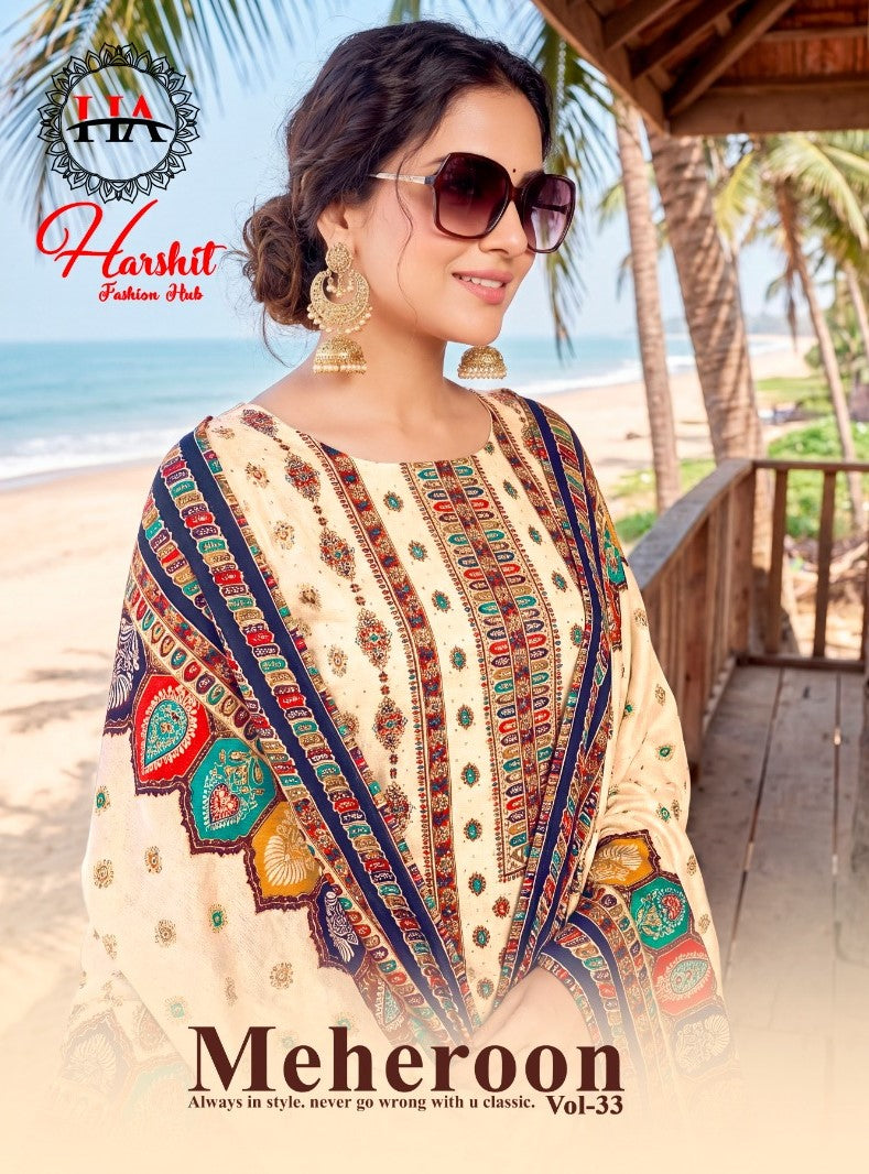 Meheroon Vol 33 Harshit Fashion Viscose Reyon Karachi Salwar Suits Wholesale Rate