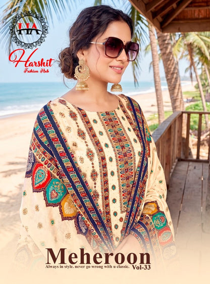 Meheroon Vol 33 Harshit Fashion Viscose Reyon Karachi Salwar Suits Wholesale Rate