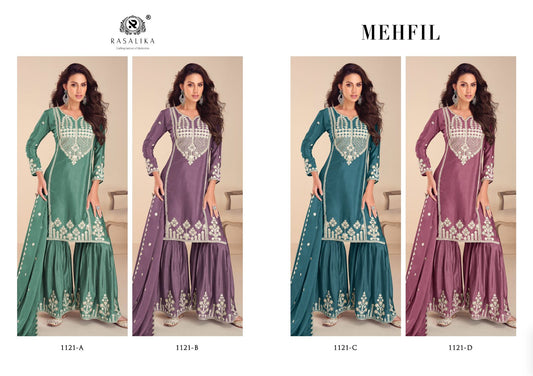 Mehfil 1121 Rasalika Chinon Silk Readymade Sharara Suits Exporter India