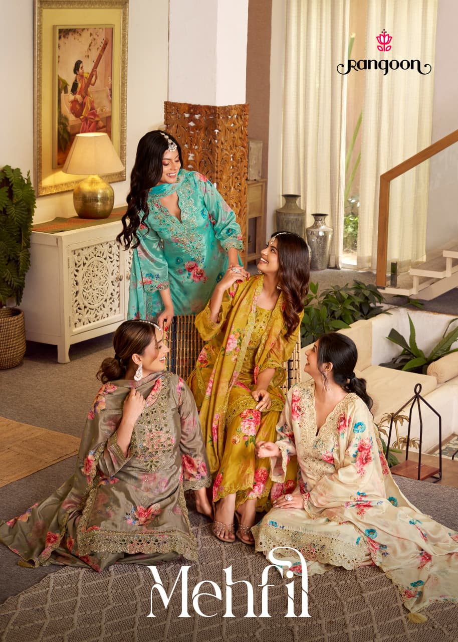 Mehfil Rangoon Chinnon Readymade Plazzo Style Suits Manufacturer India