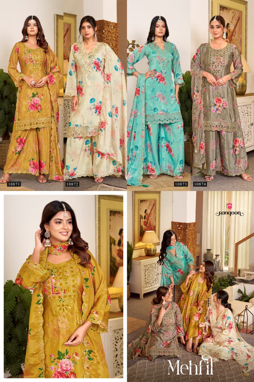 Mehfil Rangoon Chinnon Readymade Plazzo Style Suits Manufacturer India