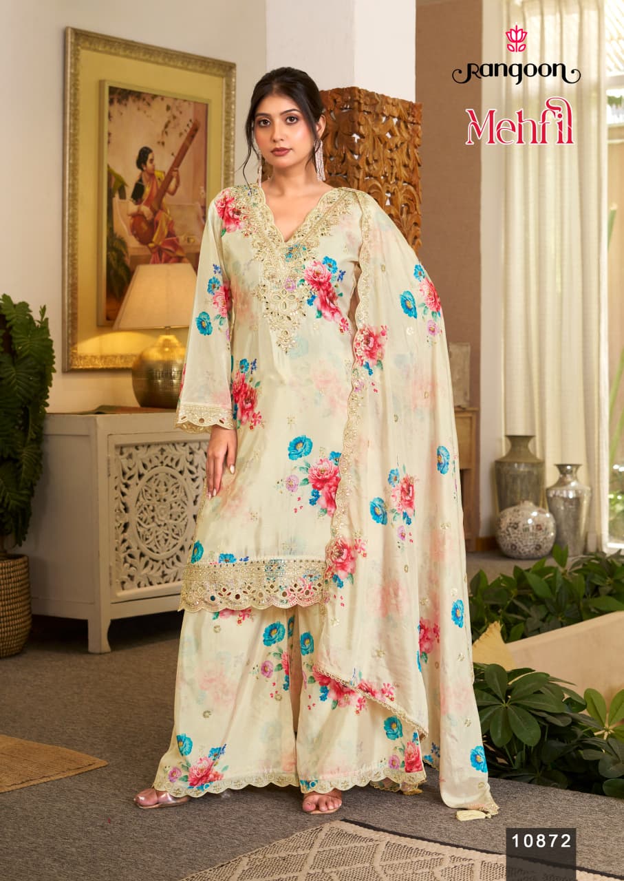 Mehfil Rangoon Chinnon Readymade Plazzo Style Suits Manufacturer India