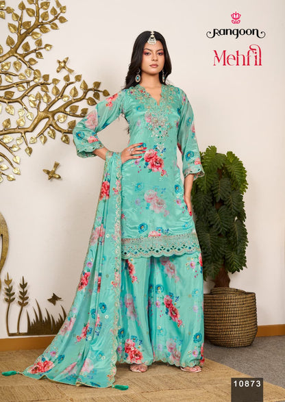 Mehfil Rangoon Chinnon Readymade Plazzo Style Suits Manufacturer India