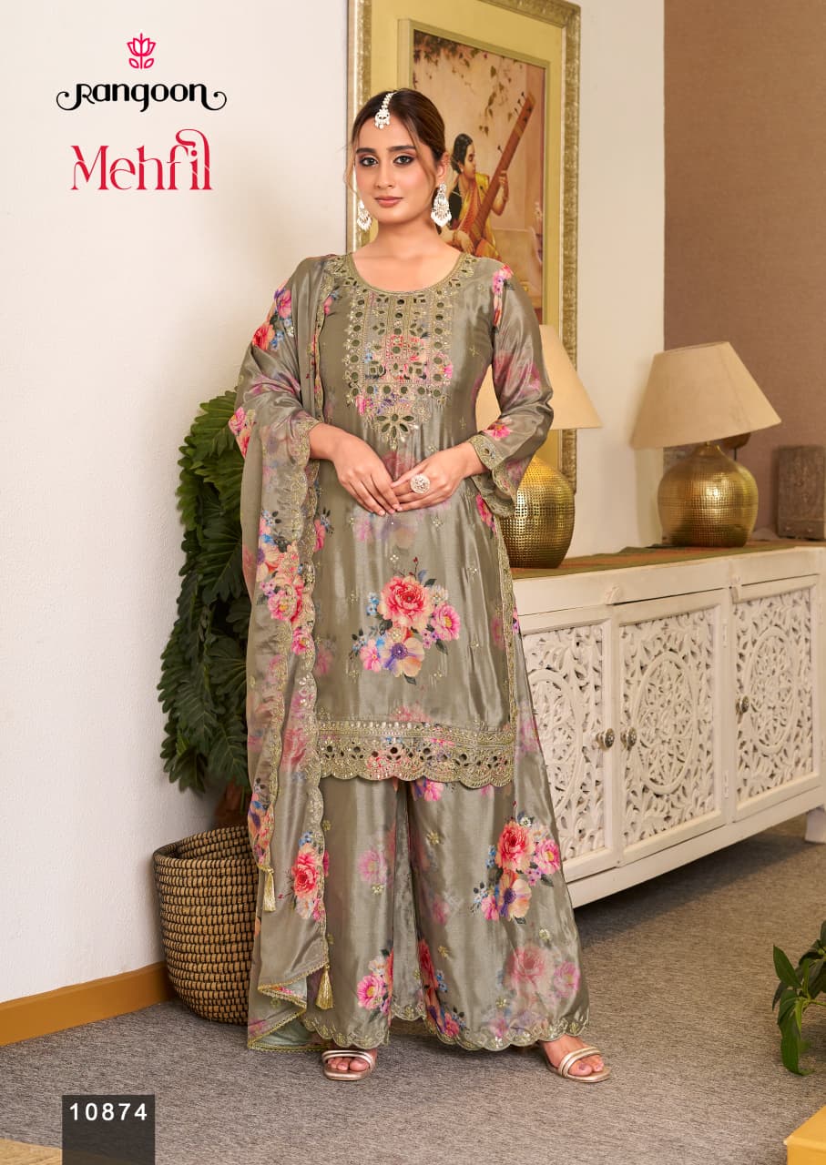 Mehfil Rangoon Chinnon Readymade Plazzo Style Suits Manufacturer India