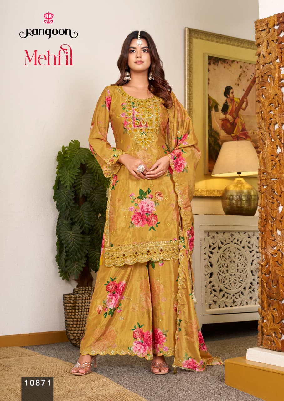 Mehfil Rangoon Chinnon Readymade Plazzo Style Suits Manufacturer India