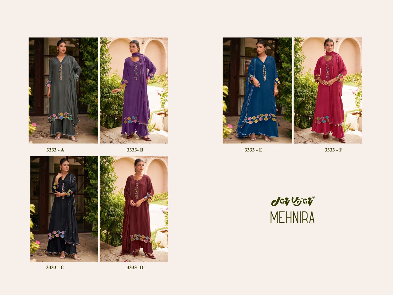 Mehnira 3333 Jay Vijay Natural Crape Plazzo Style Suits Exporter