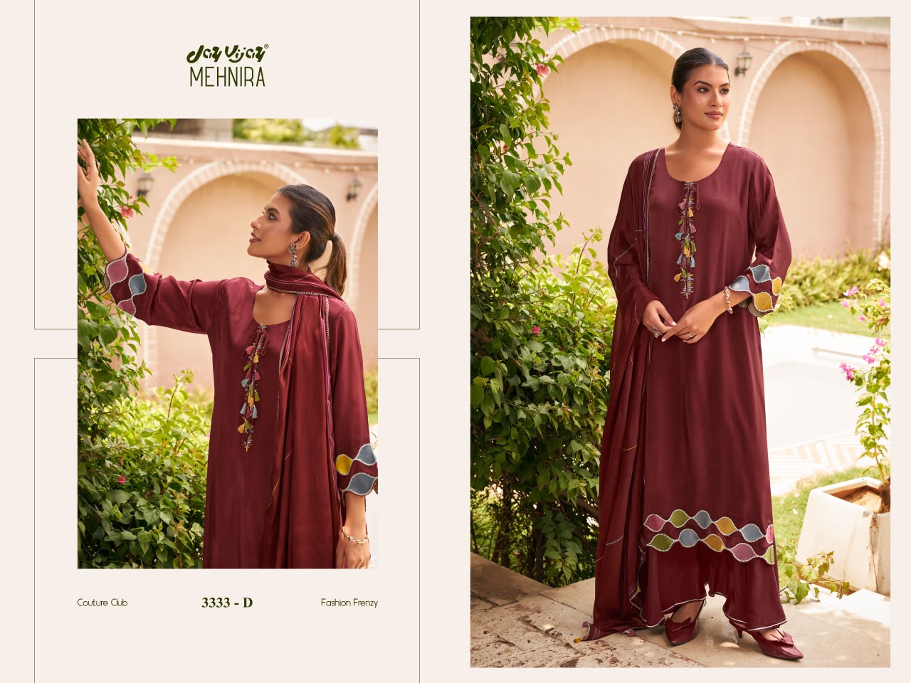 Mehnira 3333 Jay Vijay Natural Crape Plazzo Style Suits Exporter