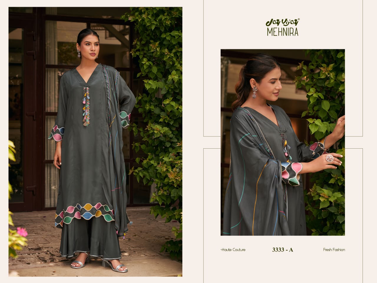 Mehnira 3333 Jay Vijay Natural Crape Plazzo Style Suits Exporter