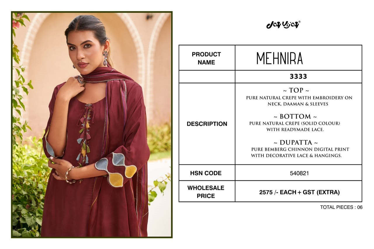 Mehnira 3333 Jay Vijay Natural Crape Plazzo Style Suits Exporter