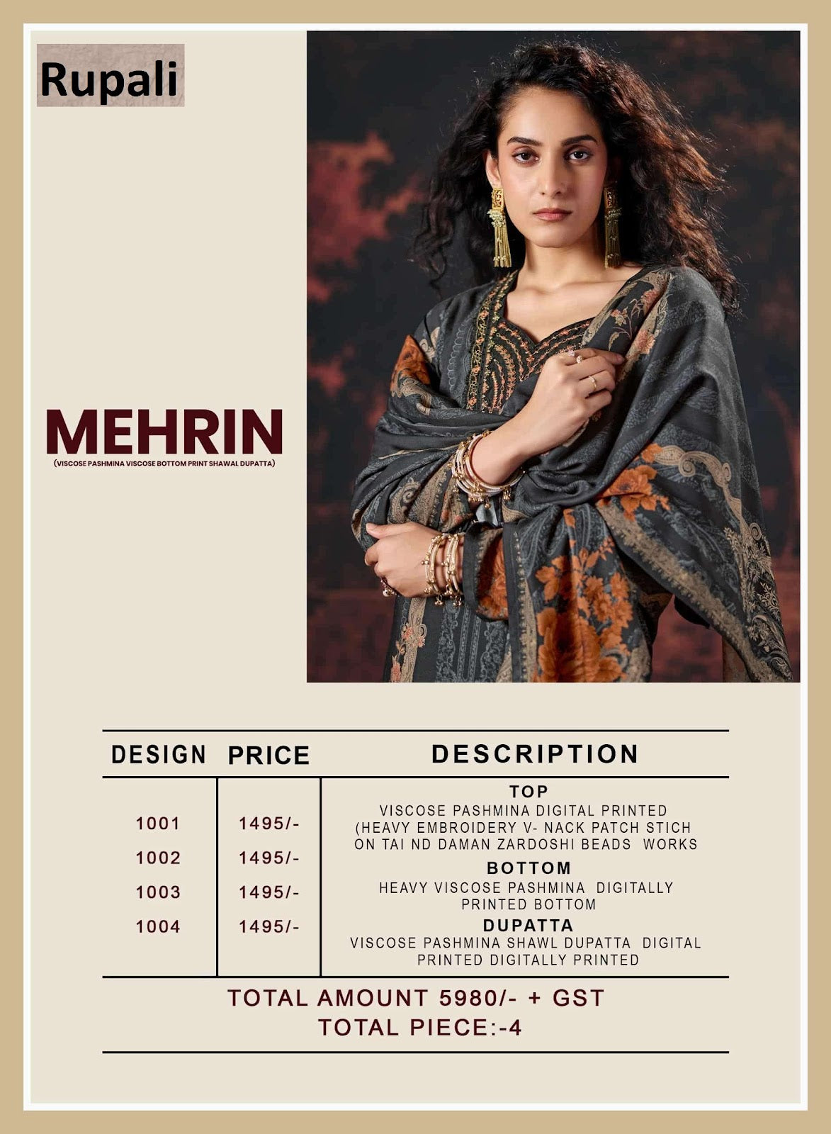 Mehrin Rupali Viscose Pashmina Suits Wholesaler