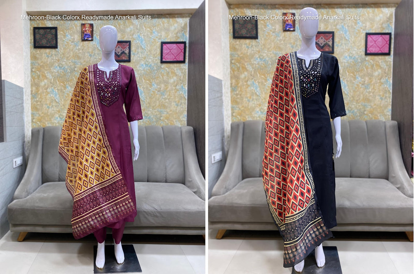 Mehroon-Black Colorx Roman Silk Readymade Anarkali Suits Wholesaler Ahmedabad