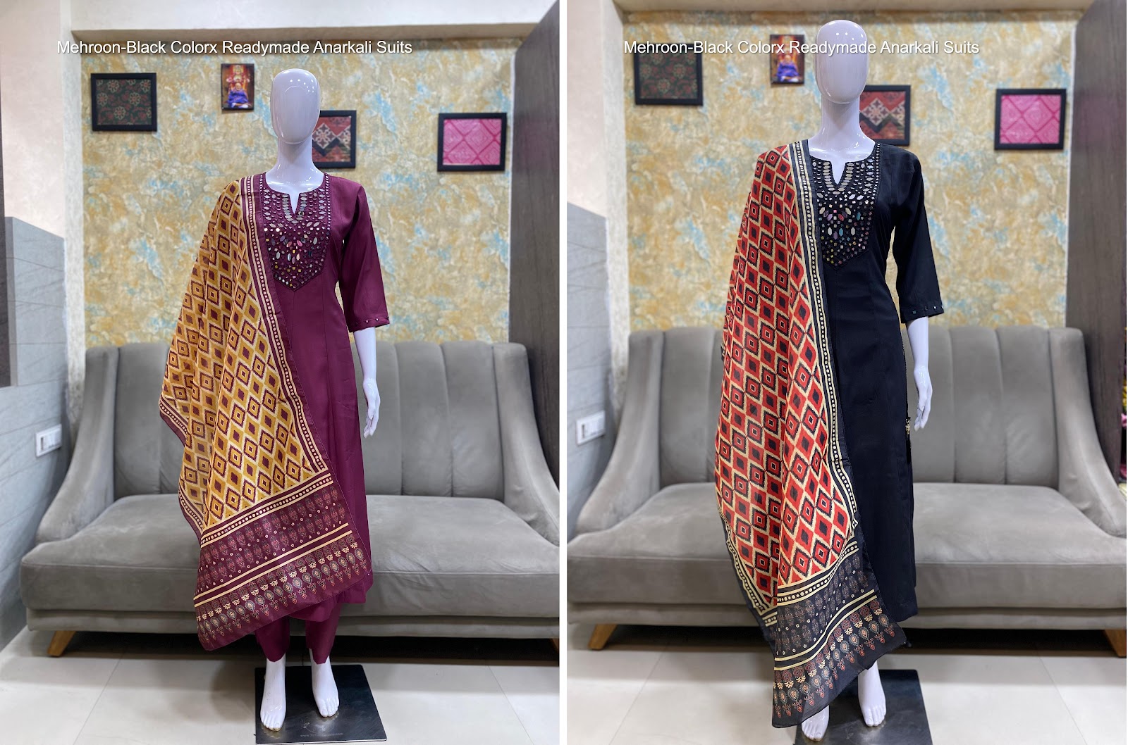 Mehroon-Black Colorx Roman Silk Readymade Anarkali Suits Wholesaler Ahmedabad