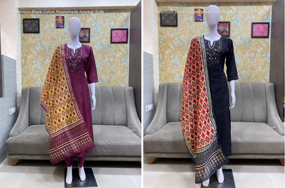 Mehroon-Black Colorx Roman Silk Readymade Anarkali Suits Wholesaler Ahmedabad