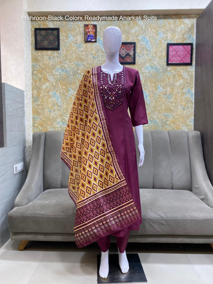 Mehroon-Black Colorx Roman Silk Readymade Anarkali Suits Wholesaler Ahmedabad
