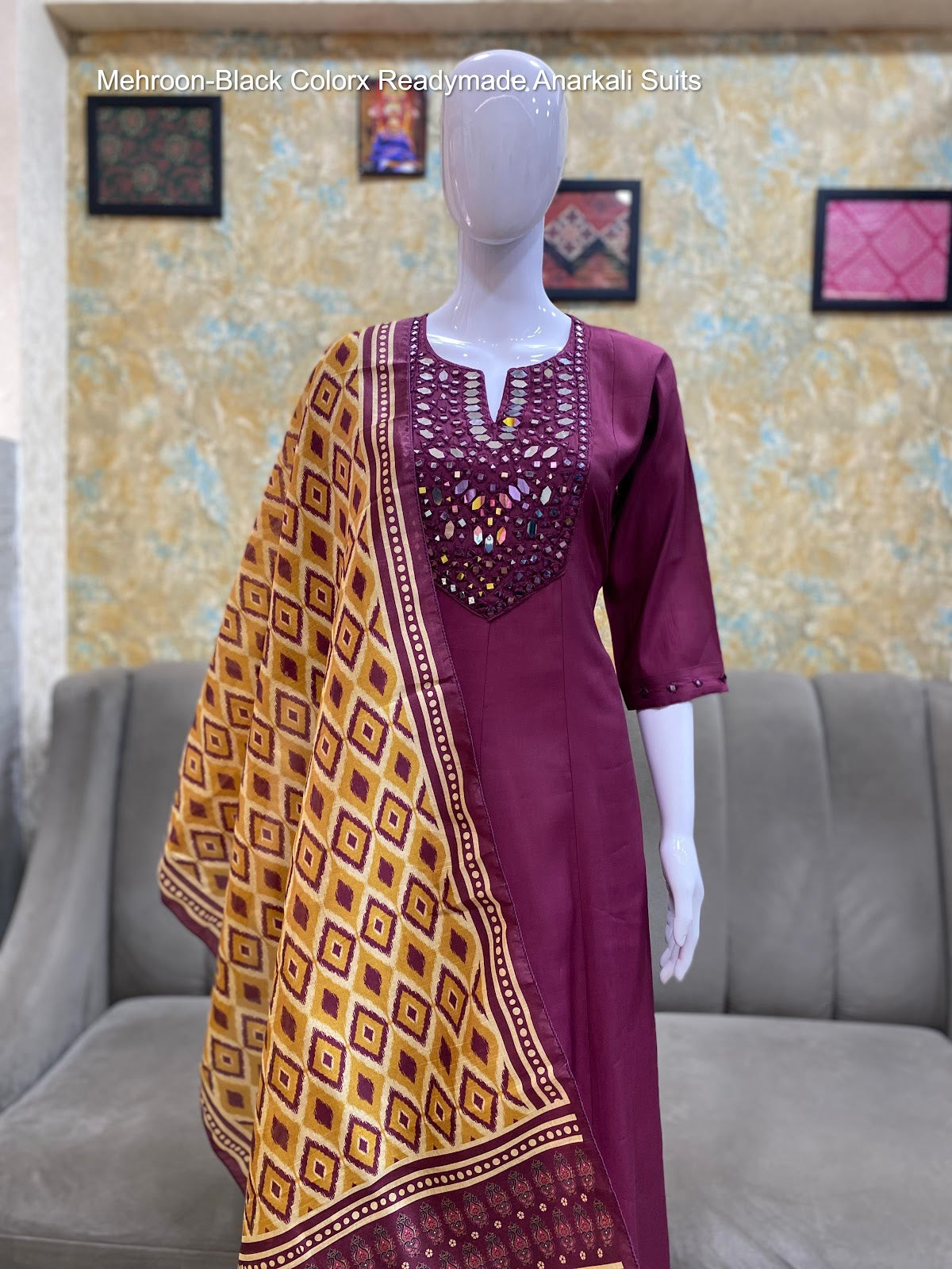 Mehroon-Black Colorx Roman Silk Readymade Anarkali Suits Wholesaler Ahmedabad