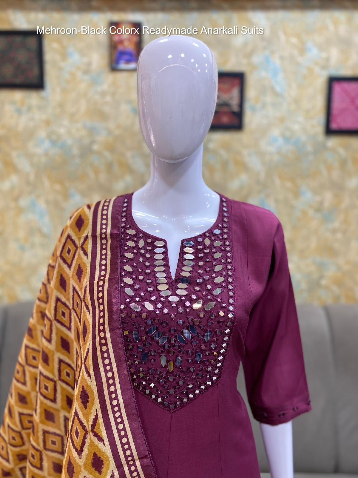 Mehroon-Black Colorx Roman Silk Readymade Anarkali Suits Wholesaler Ahmedabad