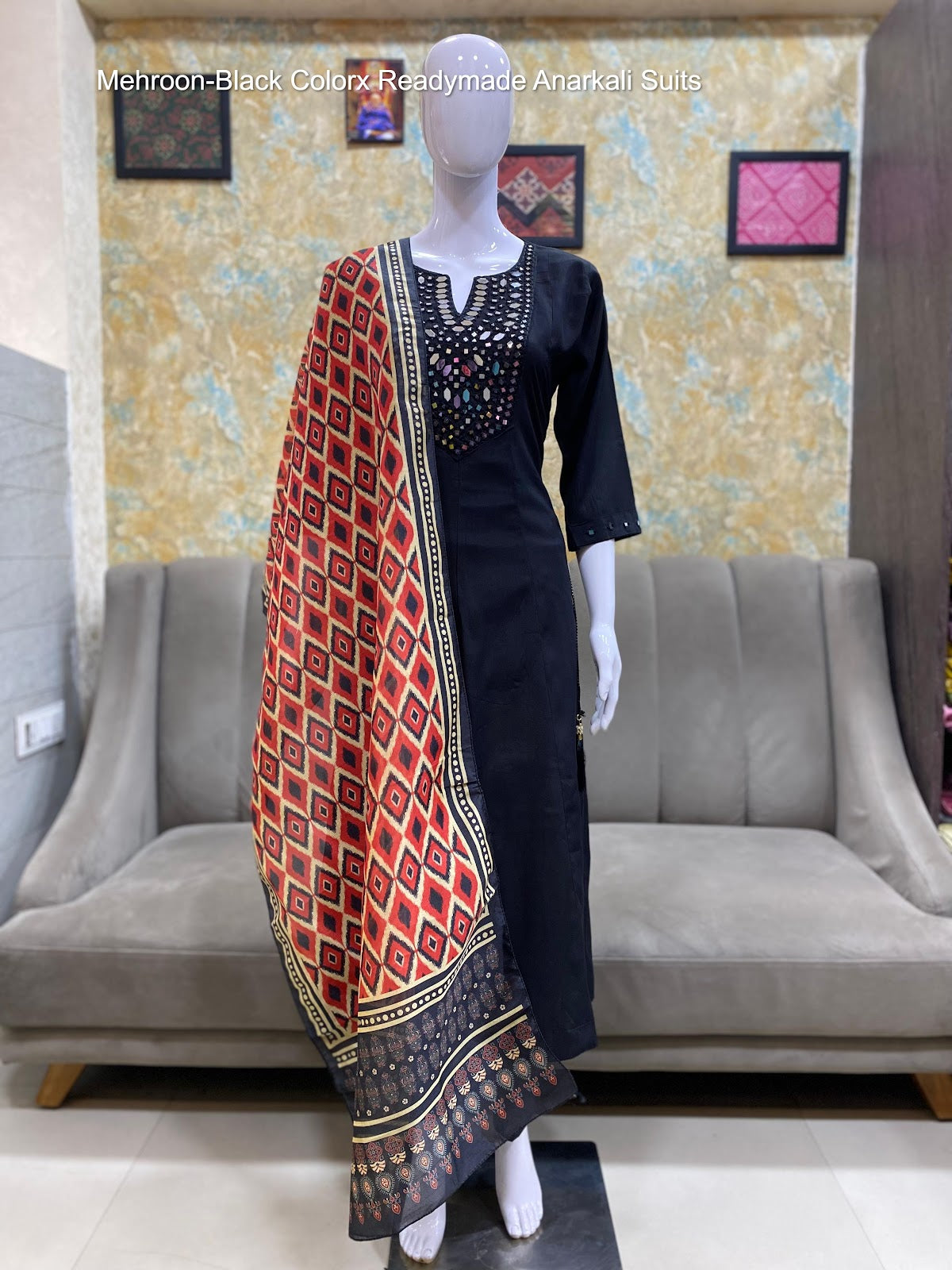 Mehroon-Black Colorx Roman Silk Readymade Anarkali Suits Wholesaler Ahmedabad
