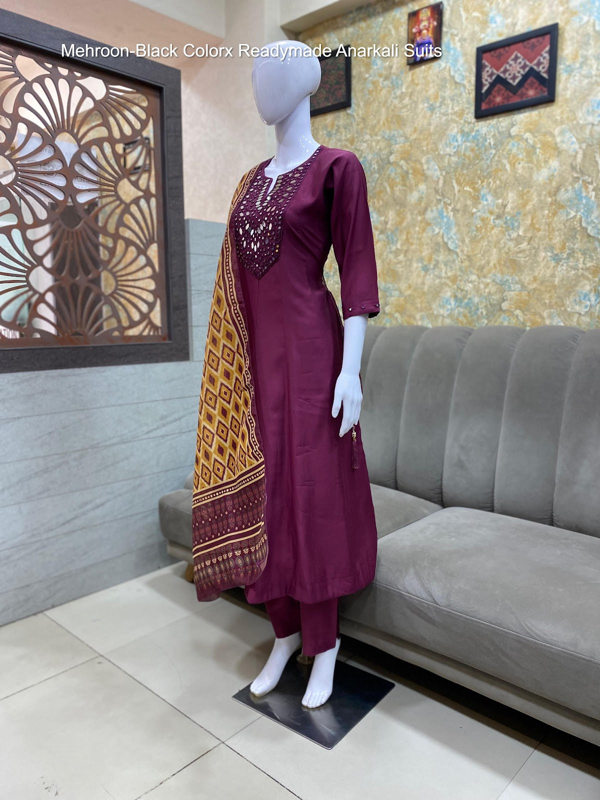 Mehroon-Black Colorx Roman Silk Readymade Anarkali Suits Wholesaler Ahmedabad