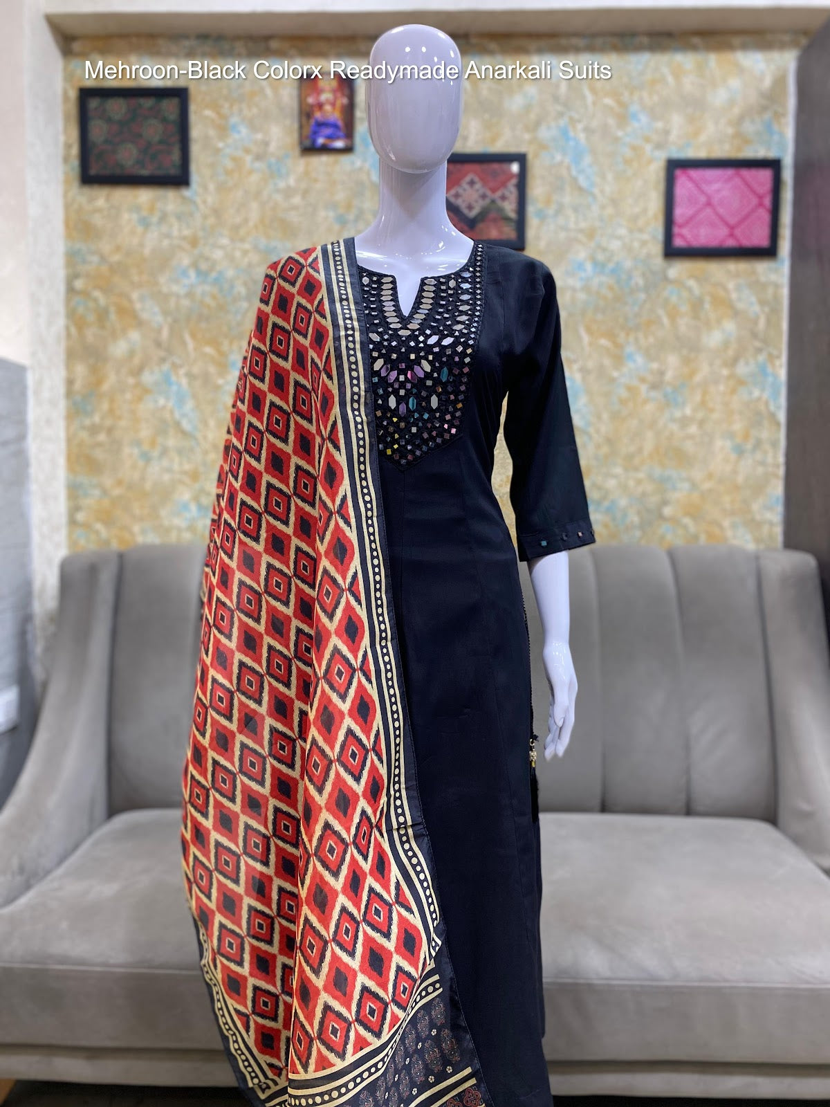 Mehroon-Black Colorx Roman Silk Readymade Anarkali Suits Wholesaler Ahmedabad