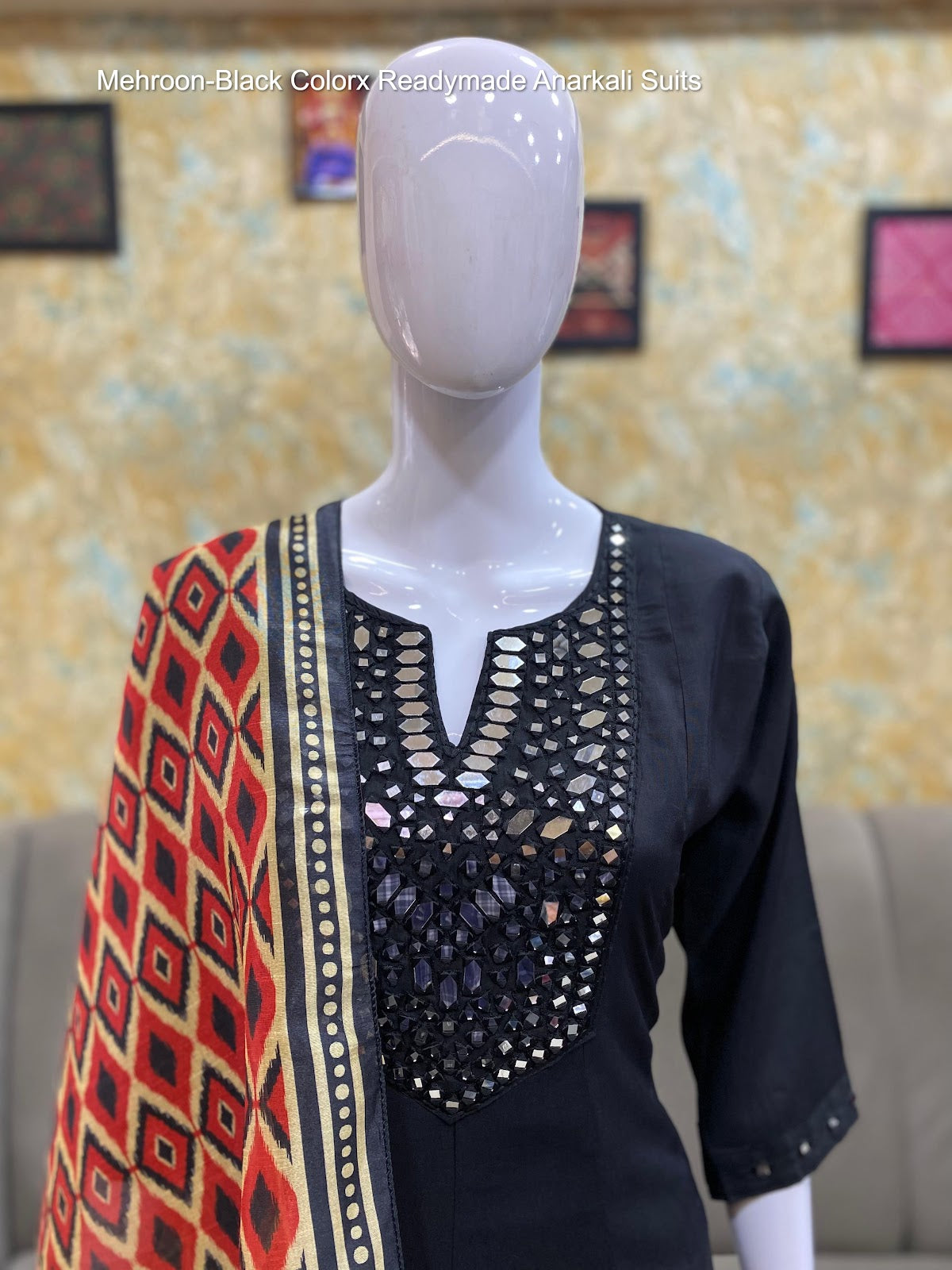 Mehroon-Black Colorx Roman Silk Readymade Anarkali Suits Wholesaler Ahmedabad
