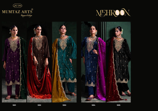 Mehroon Mumtaz Arts Crush Velvet Suits Wholesaler Ahmedabad