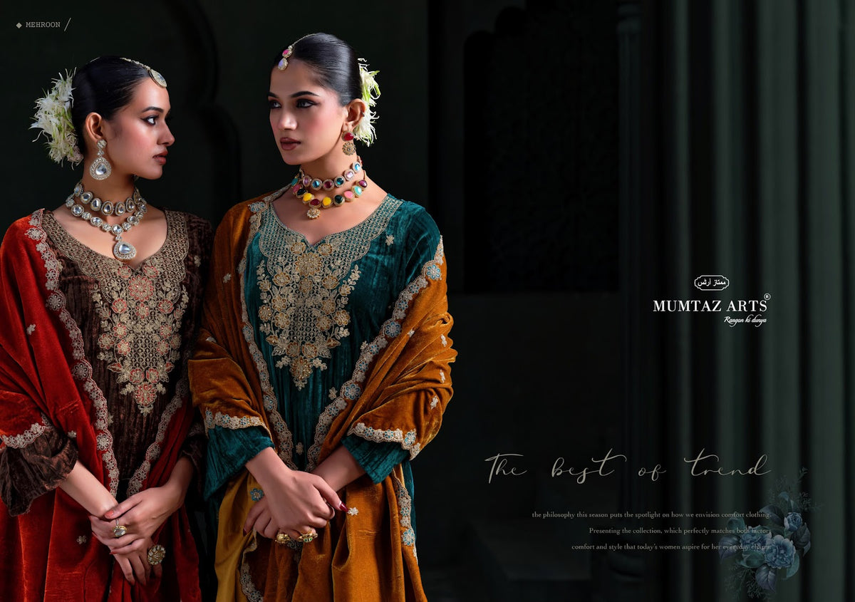 Mehroon Mumtaz Arts Crush Velvet Suits Wholesaler Ahmedabad