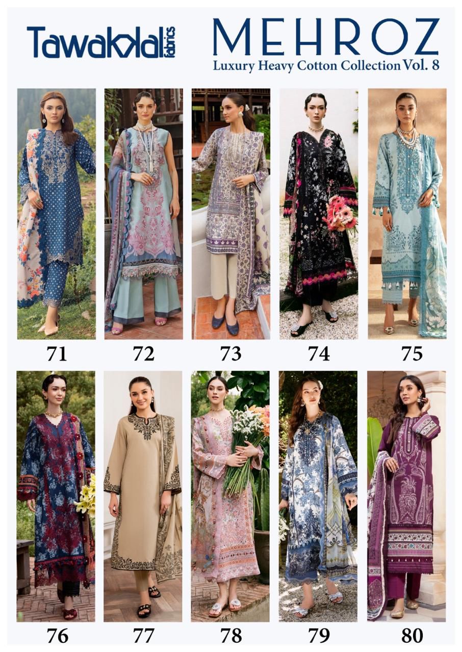 Mehroz Vol 8 Luxury Heavy Cotton Collection Tawakkal Fabrics Karachi Salwar Suits Manufacturer Ahmedabad