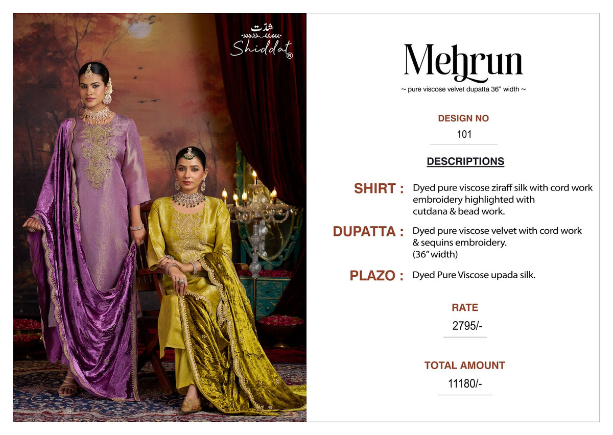 Mehrun Shiddat Viscose Velvet Suits Supplier Gujarat